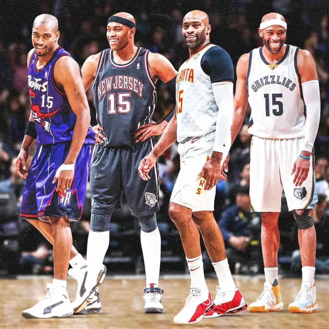 Vince Carter's NBA career at four different decades, 1990s, 2000s, 2010s, and 2020s.
