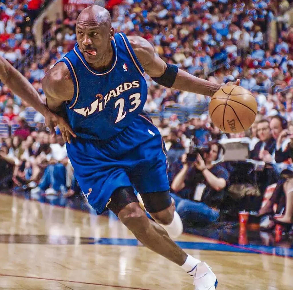 The bald basketball legend, Michael Jordan with the Washington Wizards at final year of his career
